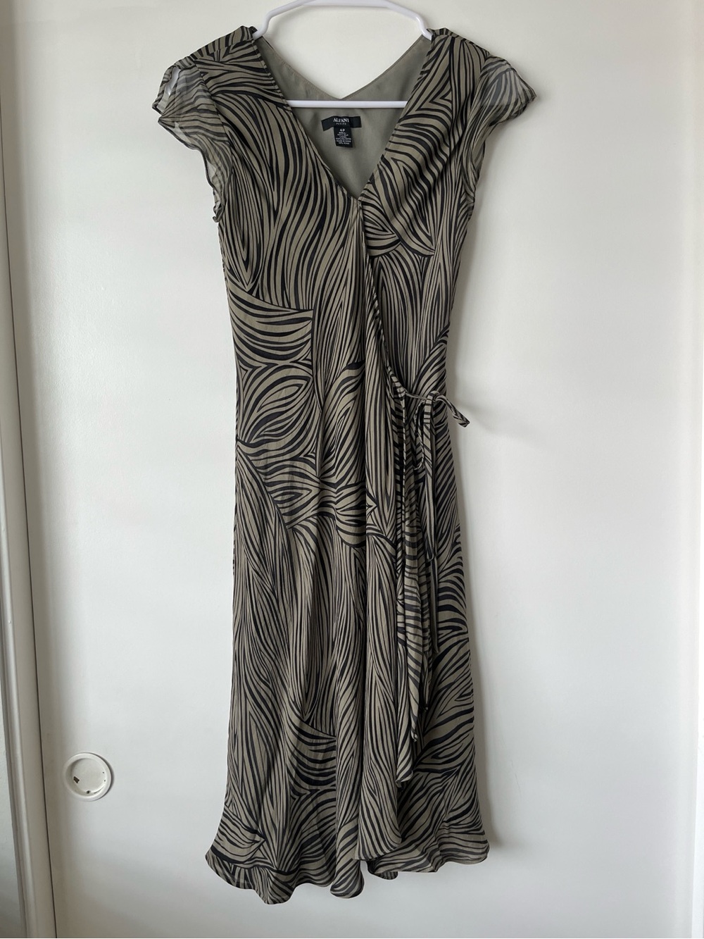Alfani Black and Taupe Patterned Wrap Dress